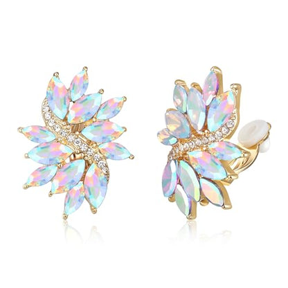 EVER FAITH Sparkly Rhinestone Clip-on Earrings for Women Bride, Fashion Marquise Crystal Cluster Wedding Bridal Stud Earring for Prom Formal Party - color: Iridescent AB Gold-Tone