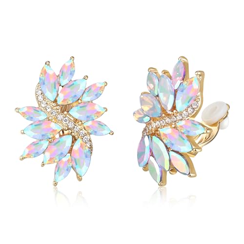 EVER FAITH Sparkly Rhinestone Clip-on Earrings for Women Bride, Fashion Marquise Crystal Cluster Wedding Bridal Stud Earring for Prom Formal Party - color: Iridescent AB Gold-Tone