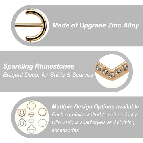 8-Pack Cute Scarf Ring, Premium Shirt Tie Clips for Women Clothing accessories, 4 Elegant Styles T-shirt Waist Cinch Clip Buckles with Rhinestone Accents (Gold/Silver)