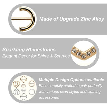8-Pack Cute Scarf Ring, Premium Shirt Tie Clips for Women Clothing accessories, 4 Elegant Styles T-shirt Waist Cinch Clip Buckles with Rhinestone Accents (Gold/Silver)