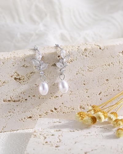 Pearl Earrings for Women, 14k Gold Plated Trendy Diamond Pearl Drop Earrings Bridal Shower Gifts Wedding jewelry for Women - color: Style B Silver