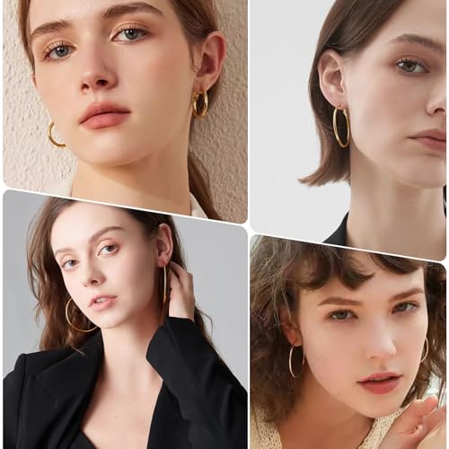 4 Pairs Silver Gold Hoop Earrings for Women | 14K Gold Plated Hoop Earrings Set Hypoallergenic Earring Lightweight Dangle Earrings Set - color: 1 Pair Gold-50mm