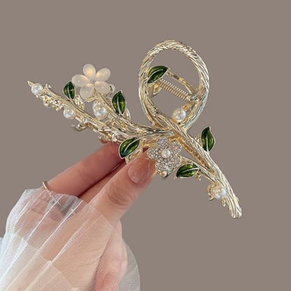 Floral Hair Claw Clip with Faux Pearl & Crystal, Green Leaf Cat Eye Flower Hair Grab Clip, Elegant Hair Accessory for Women Bun Updo Styling