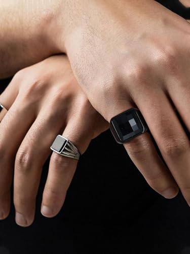 KeyStyle Square Gemstone Signet Rings for Men, Personalized Stainless Steel Pinky Ring with Black Onxy Blue Topaz Birthstone Statement Ring - color: Black -Black Onyx - 15mm