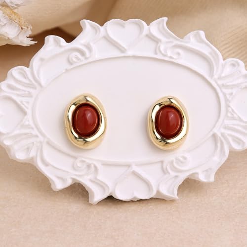 Jean Beau Chunky Gold Stone Stud Earrings for Women, Trendy Natural Gemstone Hypoallergenic Earing Valentine Jewelry Gift - color: Ruby Red