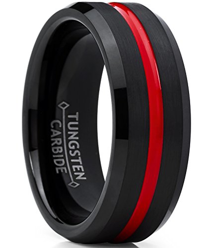 Men's Tungsten Carbide Black Wedding Band Engagement Ring,Grooved Red Center, Comfort Fit 7-13