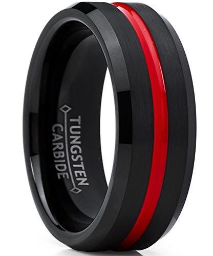 Men's Tungsten Carbide Black Wedding Band Engagement Ring,Grooved Red Center, Comfort Fit 7-13