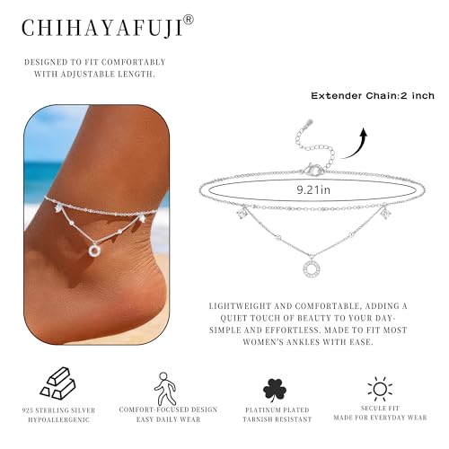 Sterling Silver Ankle Bracelets for Women 14k Gold Plated Waterproof Layered Stackable CZ Charm Non Tarnish Adjustable Anklet for Summer Beach Birthday Jewelry Gift - color: silver E