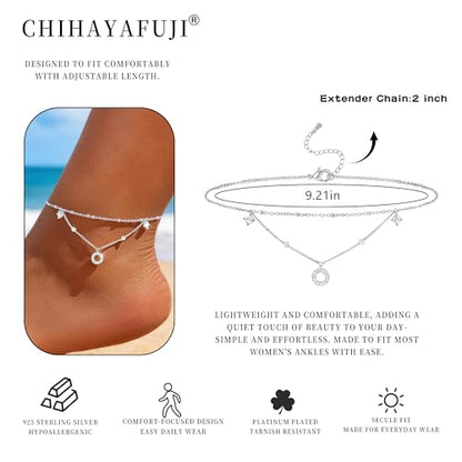 Sterling Silver Ankle Bracelets for Women 14k Gold Plated Waterproof Layered Stackable CZ Charm Non Tarnish Adjustable Anklet for Summer Beach Birthday Jewelry Gift - color: silver E