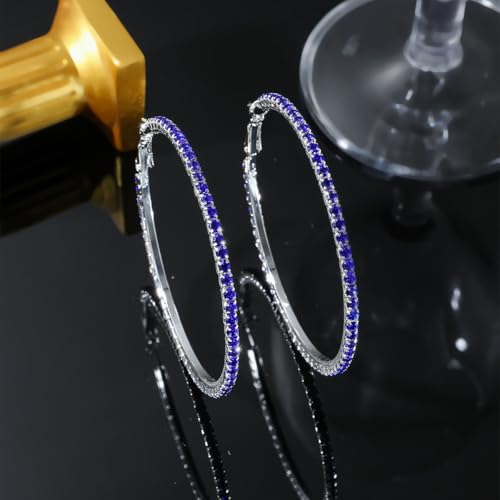 80mm Rhinestone Hoop Earrings for Women Sparkly Earrings Cubic Zirconia Circle Earring Exaggerated Prom Earring Large Rhinestones Round Hoop Earrings Silver Prom Jewelry for Party Wedding Birthday - color: Blue