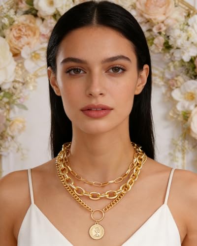 Gold Layered Necklaces for Women Chunky Layered Gold Necklaces Stacked Paperclip Chain Pearl Necklace Herringbone Toggle Clasp Choker Trendy Statement Jewelry Gifts - color: B8:gold stack necklaces