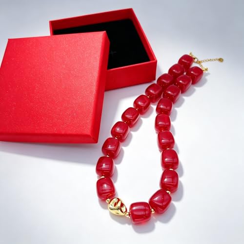 Red Beaded Necklace for Women Chunky Beaded Necklace Adjustable Acrylic Bead Choker Necklaces Big Statement Necklaces Jewelry Accessories - color: 15MMSquareBead EE