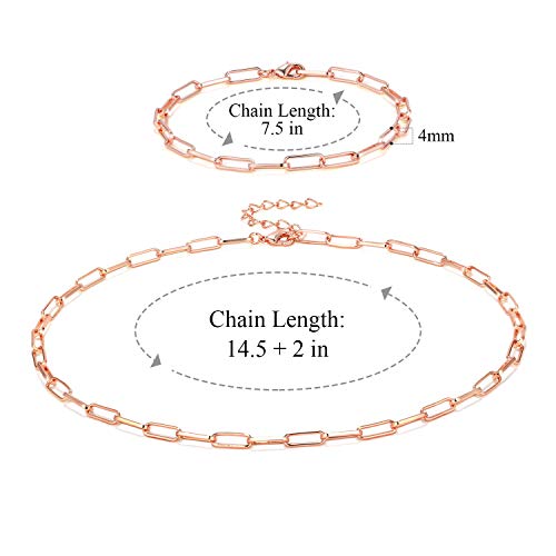 14K Gold Plated Dainty Paperclip Link Chain Necklace Bracelet Set for Women - style: 16" Rose Gold Necklace + 7" Bracelet Set