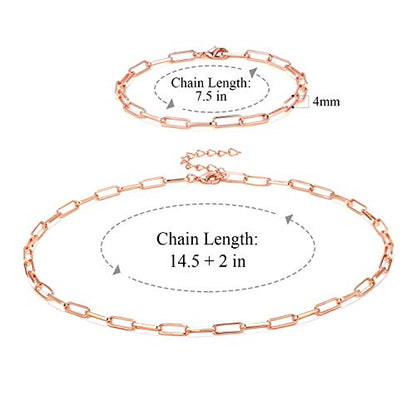 14K Gold Plated Dainty Paperclip Link Chain Necklace Bracelet Set for Women - style: 16" Rose Gold Necklace + 7" Bracelet Set