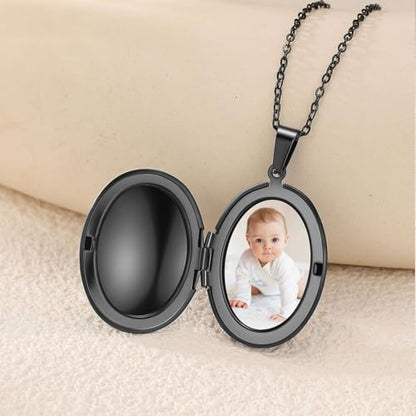 PHOCKSIN Personalized Locket Necklace for Women Photo Necklace with Customized Picture Birth Flower Birthstone Customizable Birthday Gifts - color: #10-Oval Black