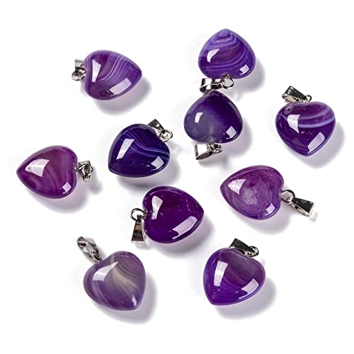 10Pcs Heart Stone Charm Pendants Natural Agate Gemstone Pendants with Platinum Brass Loops for DIY Necklace Keychains Earring Crafts Supplies - color: Agate