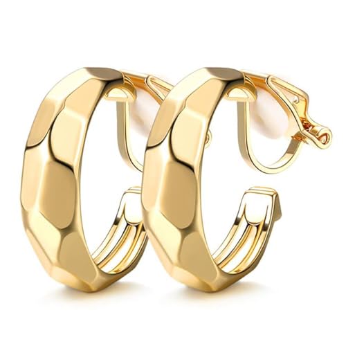 Non Pierced Gold Tone Clip On Hoop Earrings - style: Hammered Tapered Hoops