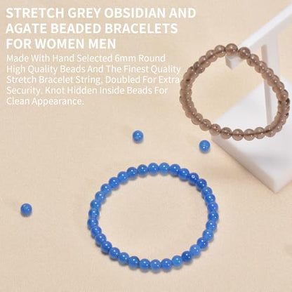2PCS Agate Bracelet for Women Men Natural Round Beaded Agates Stone Healing Stretch Bracelets Elastic Handmade Polished Gemstone Beads Bracelet - color: Blue+Grey Obsidian, size: 6mm Beads