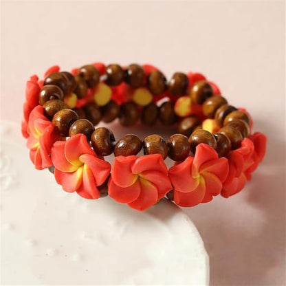 Hawaiian Plumeria Rubra Wooden Beaded Bracelet for Women Boho Polymer Clay Plumeria Flower Stretch Bracelet Summer Beach Jewelry - color: Red