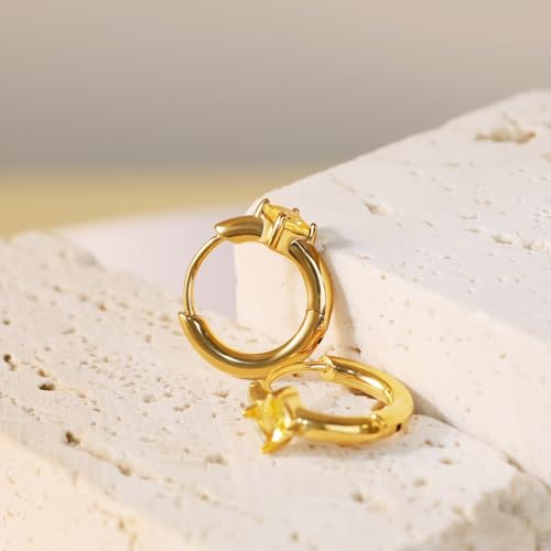 316L Surgical Steel Birthstone Hoop Earrings for Women | Lightweight, 5A Cubic Zirconia, Hypoallergenic, Lead & Nickel Free, 8mm Huggie Hoops - color: 18k gold-plated: 11. November (Citrine)