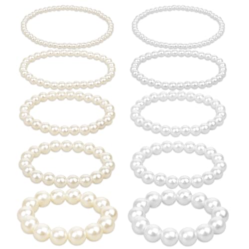 10 PCS Pearl Bracelet for Women Pearls Stretchy Bracelets Set Faux Pearl Bridal Wedding Bracelet Stackable Boho Jewelry for Women Party Wedding Gifts