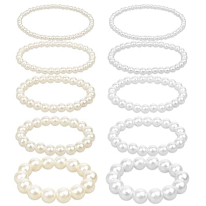 10 PCS Pearl Bracelet for Women Pearls Stretchy Bracelets Set Faux Pearl Bridal Wedding Bracelet Stackable Boho Jewelry for Women Party Wedding Gifts