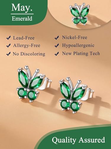 Suplight Butterfly Stud Earrings 925 Sterling Silver 14K Gold Brithstone Earrings for Women Brithstone Jewelry Gifts - color: 05.May( Emerald), size: Silver