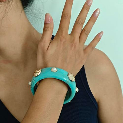 2PCS Chunky Acrylic Bracelet for Women Large Square Resin Cuff Vintage Open Bangle Bracelets Wide Geometric Jewelry - style: O-Shell - Blue