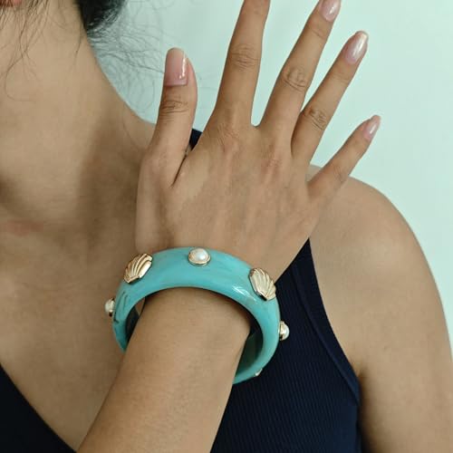 2PCS Chunky Acrylic Bracelet for Women Large Square Resin Cuff Vintage Open Bangle Bracelets Wide Geometric Jewelry - style: O-Shell - Blue