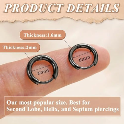 Surgical Steel Huggie Hoop Earrings & Flat Back Studs for Women Men, 6mm-14mm Small Hoops for Cartilage Helix Tragus Lobe, 1-10 Pairs Multiple Piercing Jewelry Set for Sensitive Ears - style: 1Pair,Black,8mm(THK:2mm)