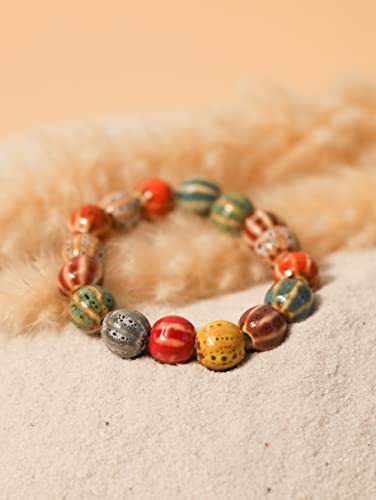 Boho Hippie Colorful Ceramic Beads Strand Stretch Bracelet, Bohemian Summer Beach Jewelry Gift for Women - color: S04