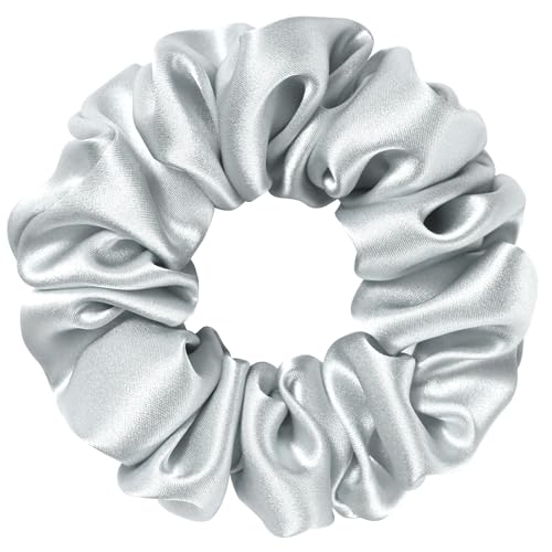 Silk Scrunchie 1.4" Medium Wide 6A 22 Momme 100% Mulberry Silk Hair Ties,Gentle on Hair No Damage No Crease for Women Girls Curly Thick Wavy Hair,Sample Fabric Provided (1, Silver Gray) - color: Silver Gray