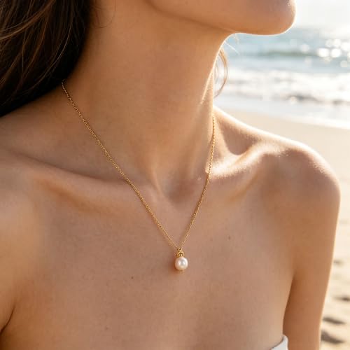 Freshwater Pearl Necklace for Women - 18K Gold Plated Dainty Pearl Pendant Choker, Hypoallergenic Non Tarnish Stainless Steel Chain, Gold Pearl Necklaces Gift for Her - color: Style 2