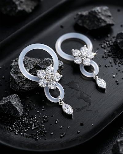 DJCIW 2pcs Flower Fake Nipple Piercing, Adjustable Silicone Non Piercing Lust Locks Nipple Jewelry with Marquise CZ Dangle, Coquette Y2K Aesthetic for Rave & Music Festival - color: silver-flower