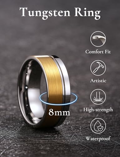 King Will Mens Tungsten Carbide Wedding Band with Groove Design | 6/7/8mm Width, Grooved, Comfort Fit, Everyday Wear - color: Gold&Silver Groove-8mm
