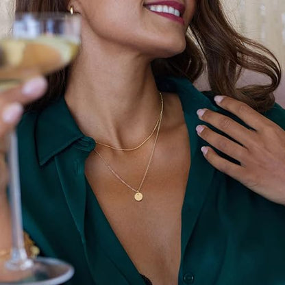 Aisansty Dainty Layered Choker Necklaces Handmade Coin Tube Star Pearl Pendant Multilayer Adjustable Layering Chain Gold Plated Necklaces Set for Women - color: Gold, style: Gold- Layered Disc