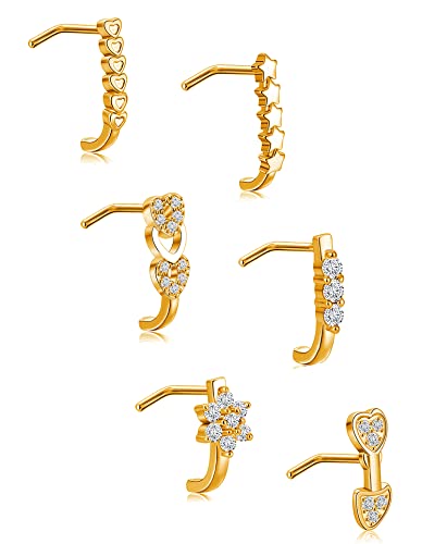 Akeoqi 6-12Pcs Nose Studs Nose Ring Inlaid Cubic Zirconia L Shaped Studs Lotus Star Heart Nose Nostril Piercing Jewelry for Women Men Sliver Gold Rose Gold Tone 20G - color: C: Gold