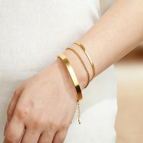 Waterproof Gold Bangle Bracelet sets for Women, 18K Gold PVD Plated Stainless Steel Stackable Bracelets Non Tarnish Oval Design, Minimalist Trendy Premium Jewelry - color: Gold 3pcs