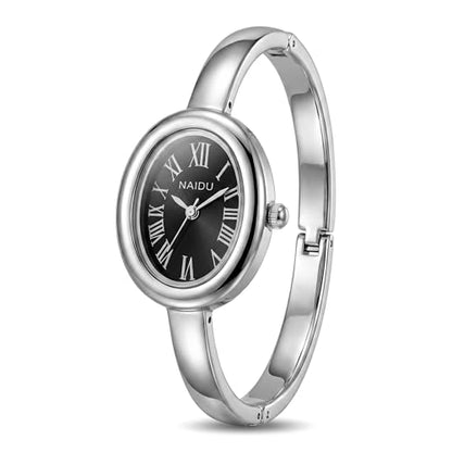 Women's Oval Bangle Watch, Elegant Open-Cuff Bracelet Wrist Watch with Roman Numeral Dial, Minimalist Luxury Fashion Quartz Watch for Ladies - color: Silver/Black
