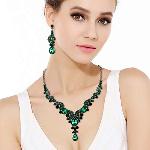 EVER FAITH Rhinestone Crystal Bridal Floral Wave Teardrop Necklace Earrings Set - color: 2pcs_Green Black-Tone