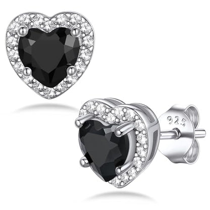 Bestyle Sparkling 925 Sterling Silver Birthstone Stud Earrings for Women, Heart/Round/Teardrop/Square Solitaire Diamond Studs Earrings, Great Birthday/Christmas Gifts - style: 00. Black Onyx-heart