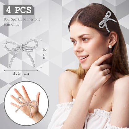 Daifunli 4 Pcs Bow Hair Clips Sparkly Crystal Rhinestone Bling Bowknot Clips Silver and Gold Barrette Hairpin Headwear Gifts for Women Girls Weddings Brides Birthdays and Valentine Gifts - style: Rhinestone