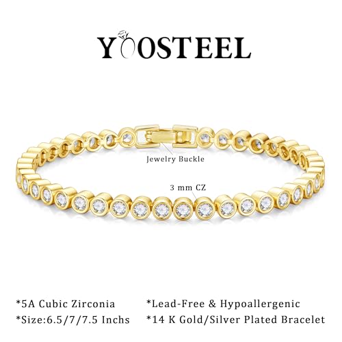 Yoosteel 14K-Gold-Plated/White-Gold-Plated Tennis Bracelet for Women,3mm CZ | Dainty Cubic Zirconia Bracelets,Classic Tennis Bracelet,Trendy Simple CZ Jewelry Gifts,6.5/7/7.5 Inch Bracelets - color: Bezel-14K-Yellow Gold-Plated, size: 7.5