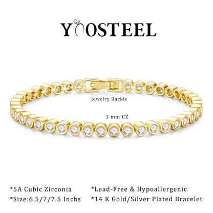 Yoosteel 14K-Gold-Plated/White-Gold-Plated Tennis Bracelet for Women,3mm CZ | Dainty Cubic Zirconia Bracelets,Classic Tennis Bracelet,Trendy Simple CZ Jewelry Gifts,6.5/7/7.5 Inch Bracelets - color: Bezel-14K-Yellow Gold-Plated, size: 7