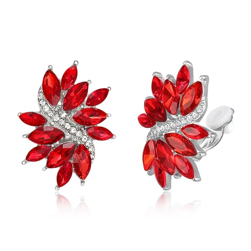 EVER FAITH Sparkly Rhinestone Clip-on Earrings for Women Bride, Fashion Marquise Crystal Cluster Wedding Bridal Stud Earring for Prom Formal Party - color: Red Silver-Tone
