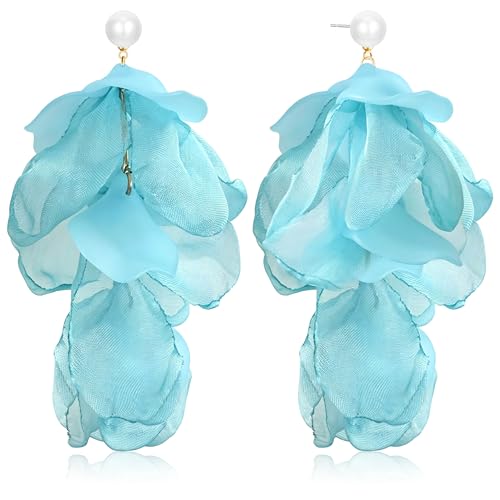 Handmade Bohemian Lightweight Fabric Flower Dangle Drop Earrings Chic Pearl Large Tassel Petal Stud Earrings For Women - color: Mint Blue