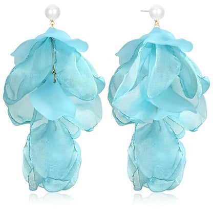 Handmade Bohemian Lightweight Fabric Flower Dangle Drop Earrings Chic Pearl Large Tassel Petal Stud Earrings For Women - color: Mint Blue