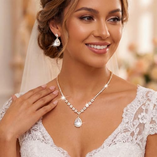 Unicra Bride Crystal Necklace Earrings Set Bridal Wedding Jewelry Sets Rhinestone Choker Necklace Prom Costume Jewelry Set for Women and Brides - color: Gold