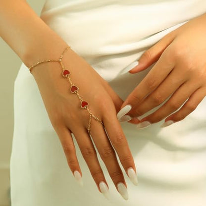 Hand Chain Bracelets for Women 14K Gold Plated Dainty Link Bracelet Bracelets Trendy Ring Bracelet Birthday Jewelry Gifts for Women - style: Red Heart