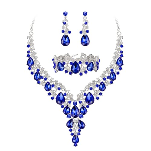 Wedding Bridal Necklace Earrings Jewelry Set for Women | Gorgeous Austrian Crystal Teardrop Flower Cluster for Bridal Bride Bridesmaid - color: 3Pcs-Blue Silver-Tone